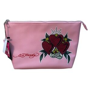 Ed Hardy Pink Rhinestone Heart Love Cosmetic Makeup Bag Travel Pouch New
